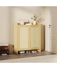 Gaomon Entryway Rattan Shoe Cabinet, Wooden Storage with Adjustable Shelves and Guardrail Top, Freestanding Hallway Rack