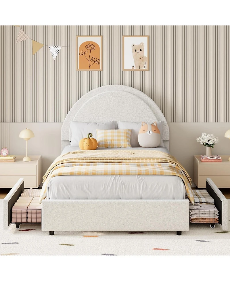 gaomon Boucle Bed Frame with 2 Storage Drawers, Soft Upholstered Platform Round Headboard, Heavy Duty, Wooden Slats