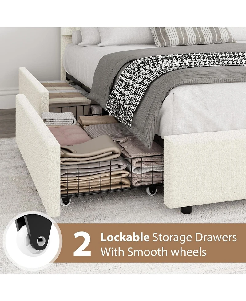 gaomon Boucle Bed Frame with 2 Storage Drawers, Soft Upholstered Platform Round Headboard, Heavy Duty, Wooden Slats