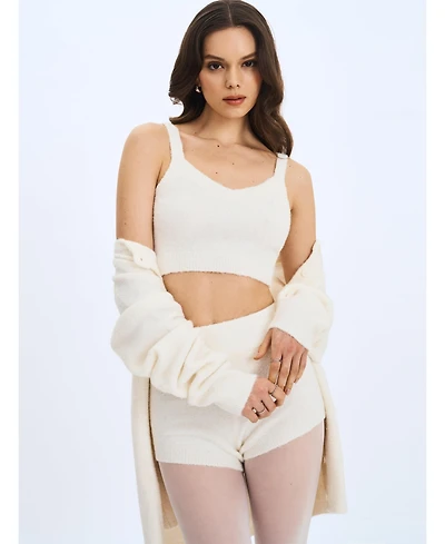 Miss Circle Women's Selene White Wool-Blend Ribbed Knit V-Neck Top