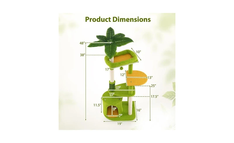 Aostirmotor Tropical-Themed Cat Tree with Self-Grooming Brush, 48-Inch Space-Saving Design with Scratching Posts, Green and Orange Leaves