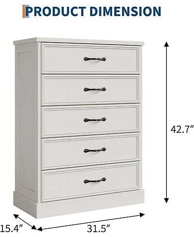 gaomon 5 Drawer Dresser for Bedroom, Wooden 5 Chest of Drawers 43in Tall with Large Storage Drawers, Modern Dresser Organizer Closet for Living Room