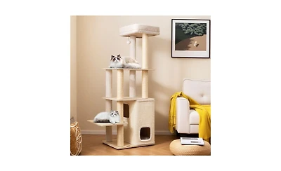 Aostirmotor Heavy-Duty Luxury Cat Tree, 63-Inch Tall Tower with 2-Story Bamboo Condo & 5 Sisal Posts, 44 lbs Per Level Capacity for Large Cats