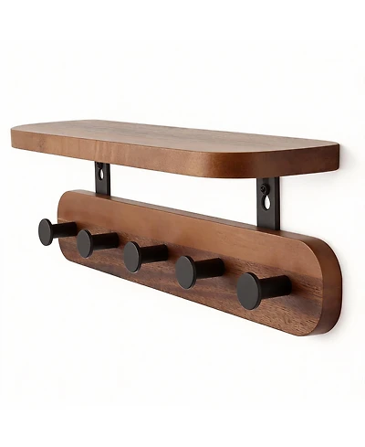 Yigii Walnut Wood Shelf & 5 Hooks Wall Rack for Coats, Bags, Living Spaces