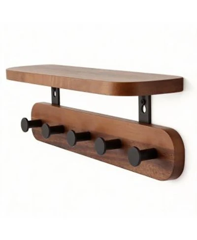 Draft Yigii Walnut Wood Shelf 5 Hooks Wall Rack For Coats Bags Living Spaces