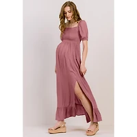 Hello Miz Maternity Smocked Swiss Dot Maxi Dress with Side Slit