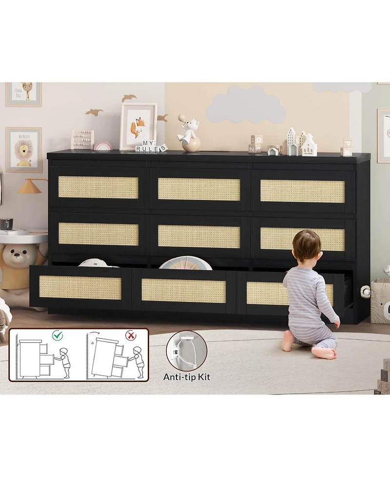 gaomon Rattan 9 Drawer Charging Station Dresser