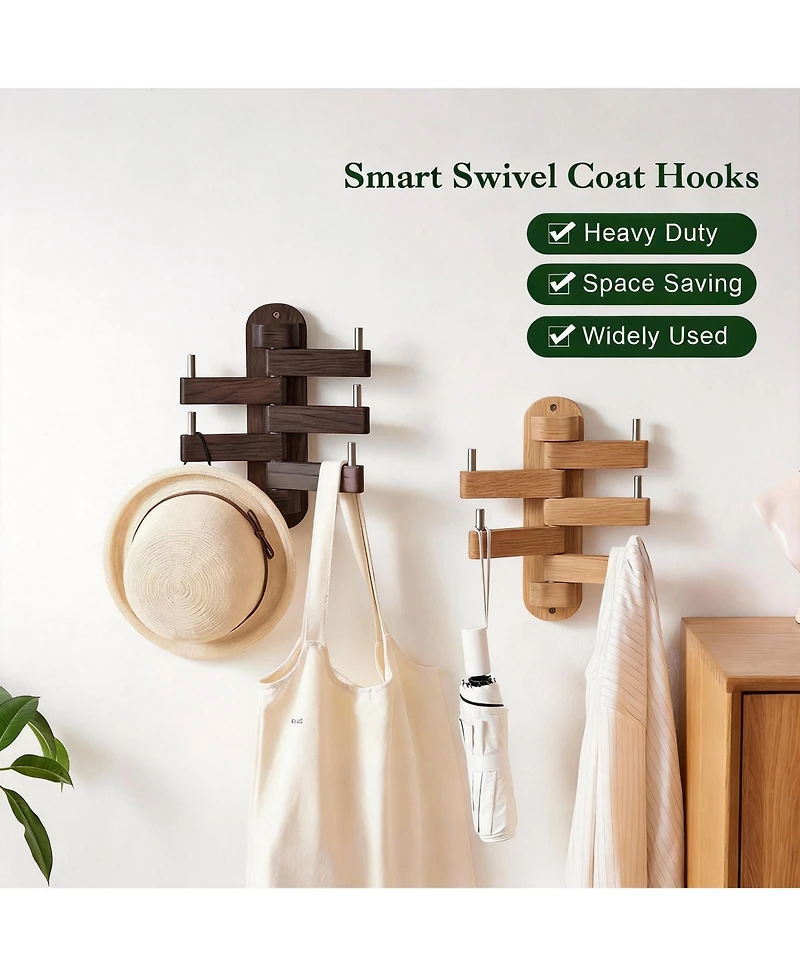 Yigii Solid Oak Swivel Coat Rack with 5 Foldable Hooks for Heavy Duty Use