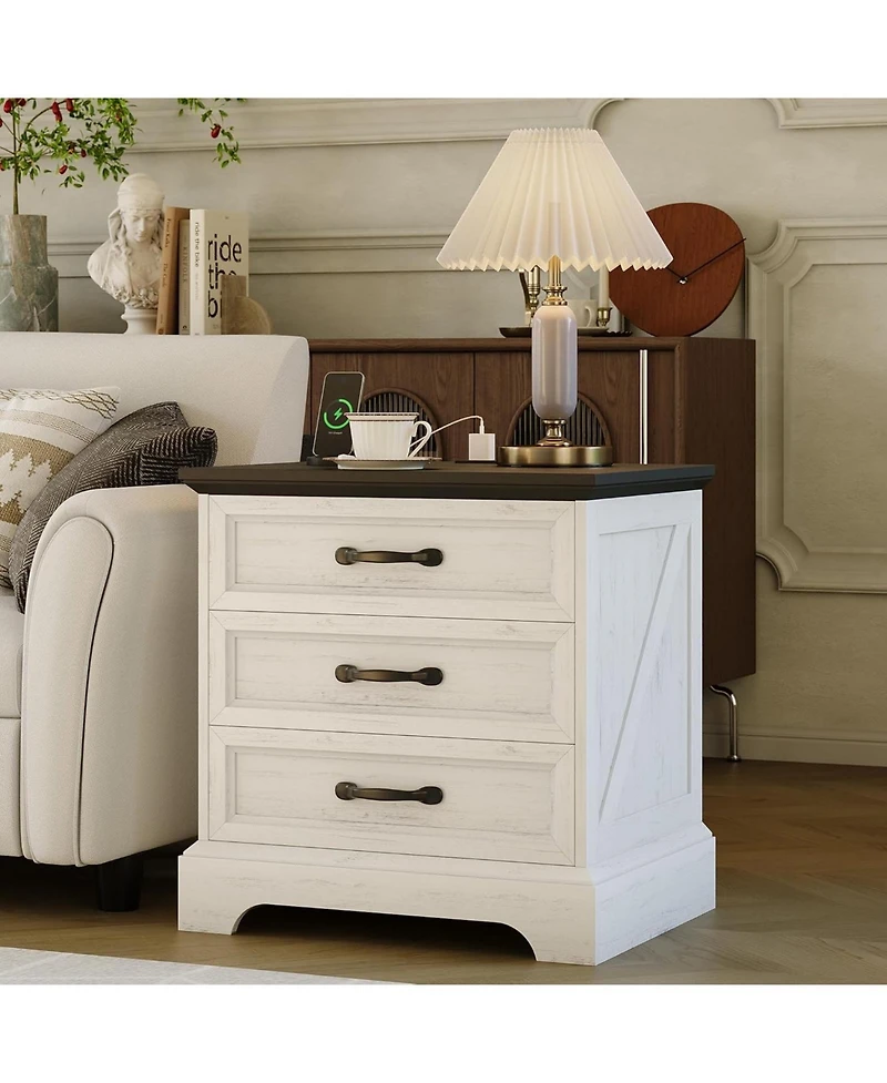 gaomon Modern Farmhouse Wood Nightstand Set of 2 with Charging Station & 3 Large Drawers