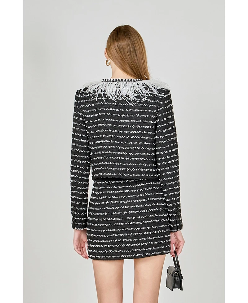 endless rose Women's Feather Detailed Bow Tweed Jacket