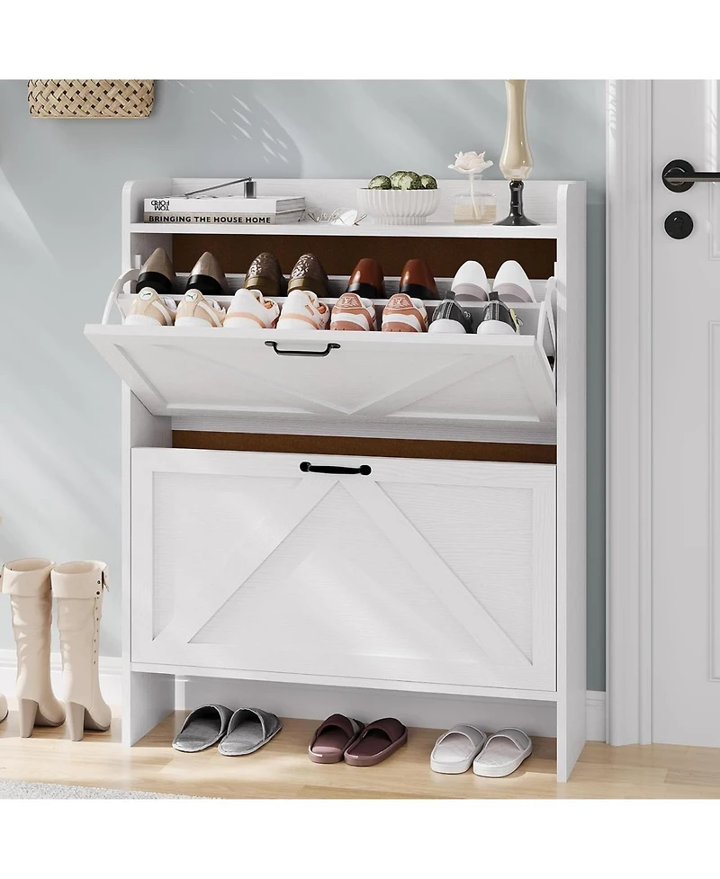 gaomon Shoe Cabinet Organizer with 2 Flip Drawers, Freestanding Narrow Shoe Rack for Entryway, Freestanding Hidden Shoe Storage Cabinet for Entryway