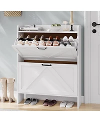 gaomon Shoe Cabinet Organizer with 2 Flip Drawers, Freestanding Narrow Shoe Rack for Entryway, Freestanding Hidden Shoe Storage Cabinet for Entryway