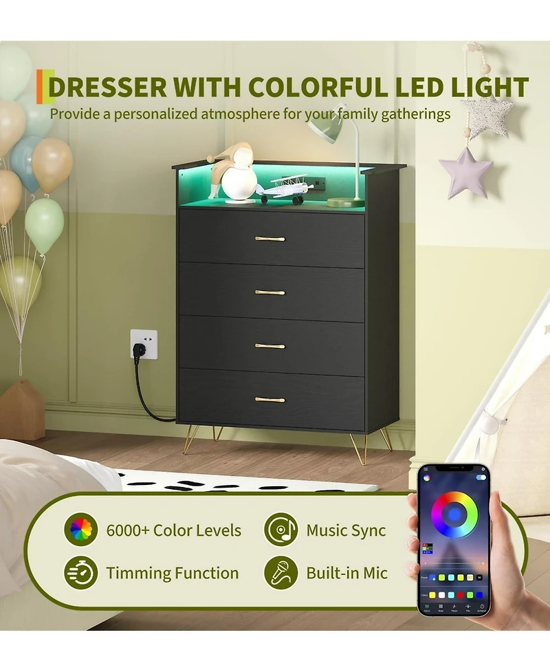 gaomon Towallmark 4-Drawer Dresser with App-Controlled Rgb Lights & Charging Station, Large Capacity Modern for Bedroom, Living Room