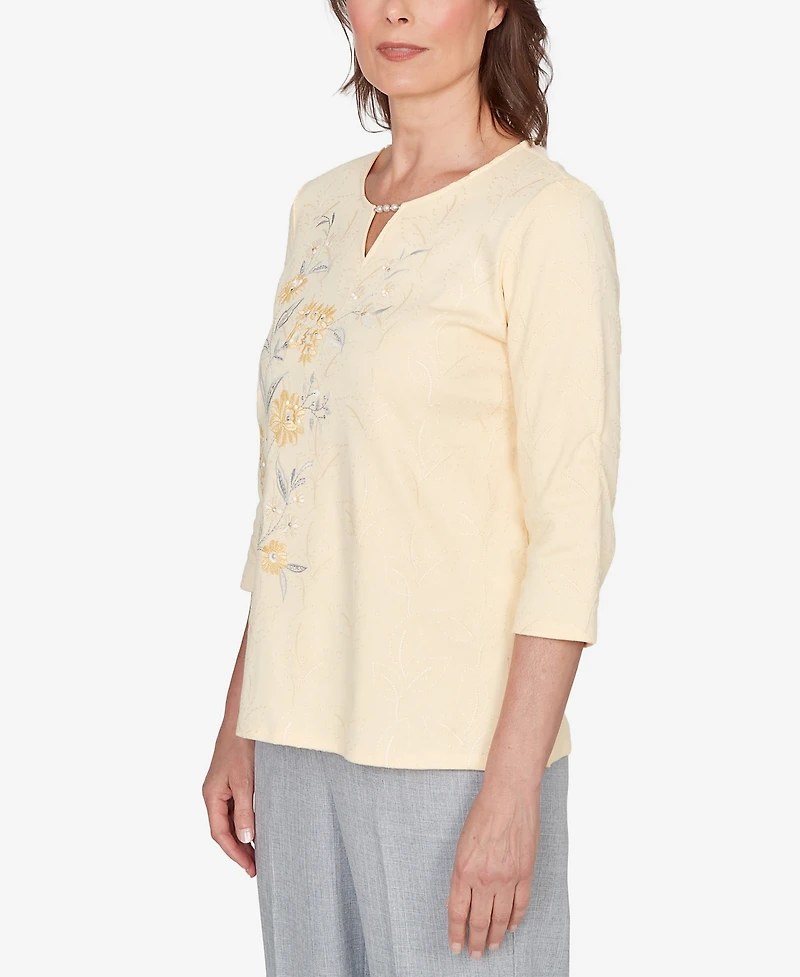 Alfred Dunner Women's Al Fresco Asymmetrical Floral Embroidered Textured Top