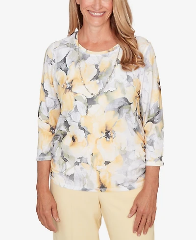 Alfred Dunner Women's Al Fresco Watercolor Floral Side Ruched Top with Necklace