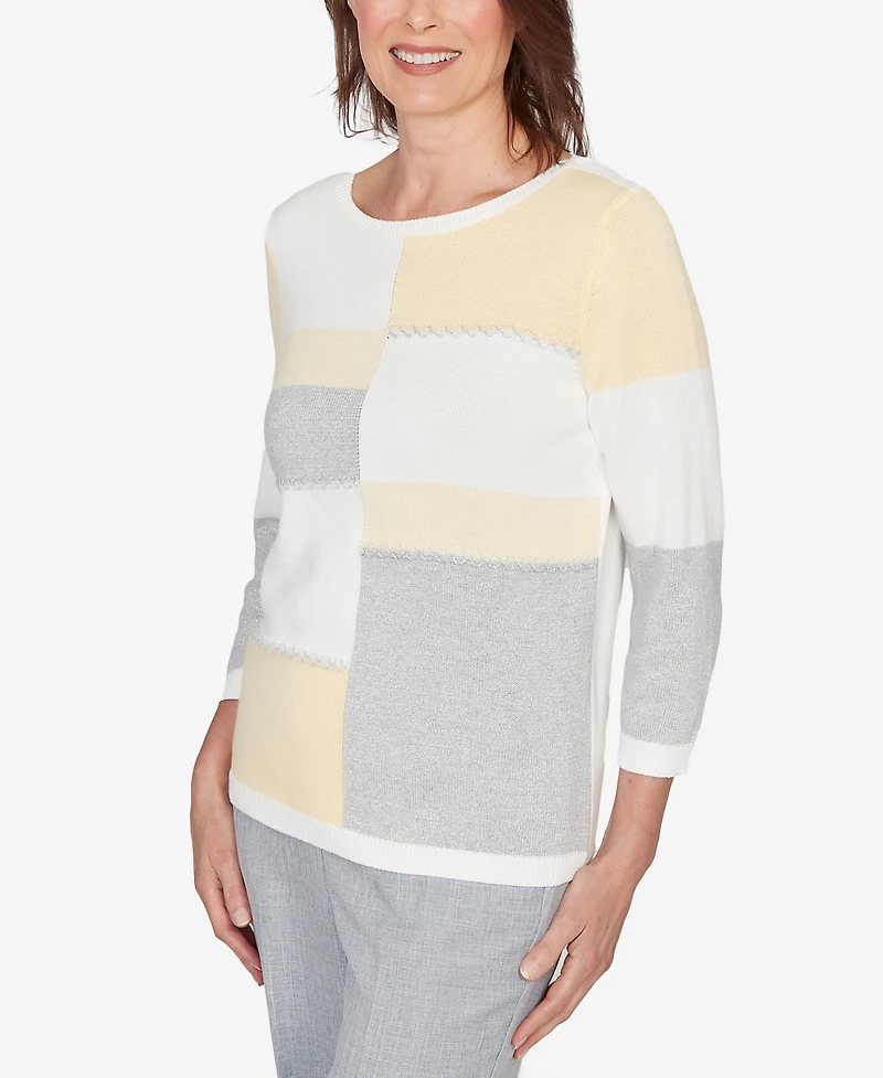 Alfred Dunner Women's Al Fresco Ribbed Colorblock Jewel Neck Sweater