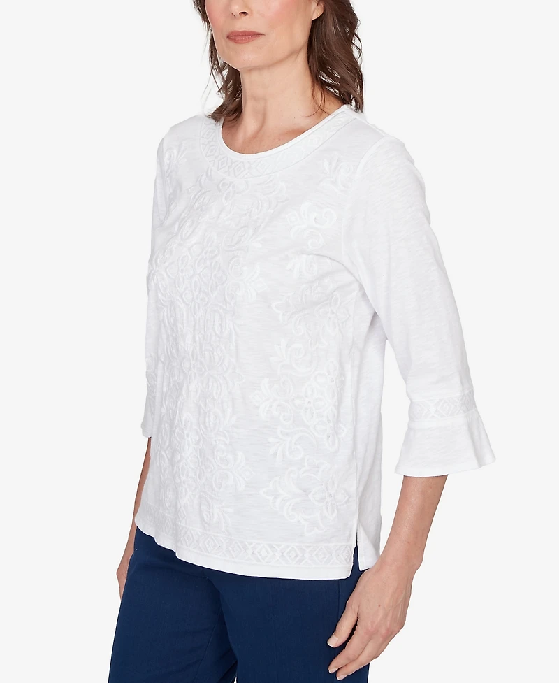 Alfred Dunner Women's Mykonos White Medallion Embroidered Top