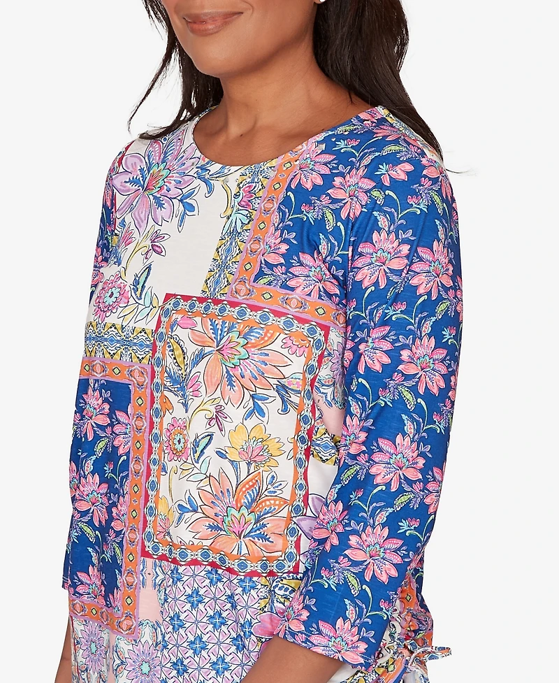 Alfred Dunner Women's The Royal Treatment Geometric Floral Tie Ruched Top