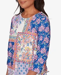 Alfred Dunner Women's The Royal Treatment Geometric Floral Tie Ruched Top