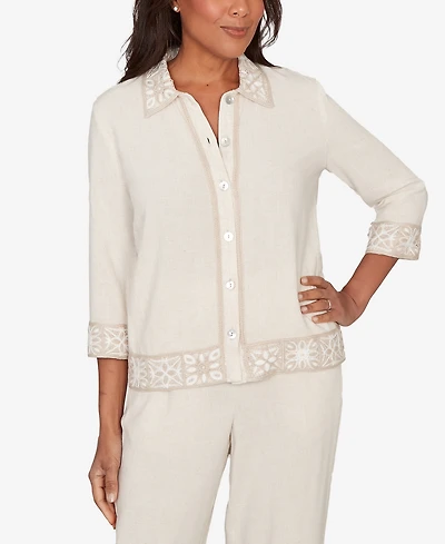 Alfred Dunner Women's Natural Wonder Embellished Crochet Trim Linen Jacket