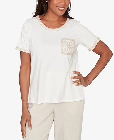 Alfred Dunner Women's Natural Wonder Crochet Pocket Short Sleeve T-shirt