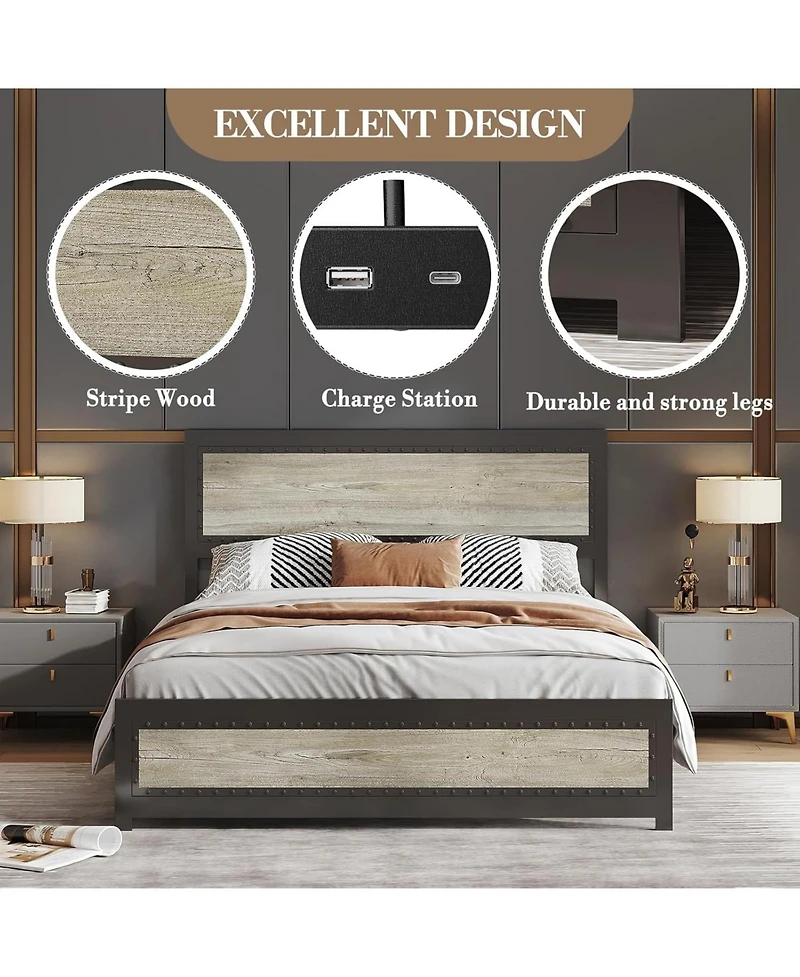 gaomon Bed Frame with Headboard and Charging Station, Sturdy Metal Platform