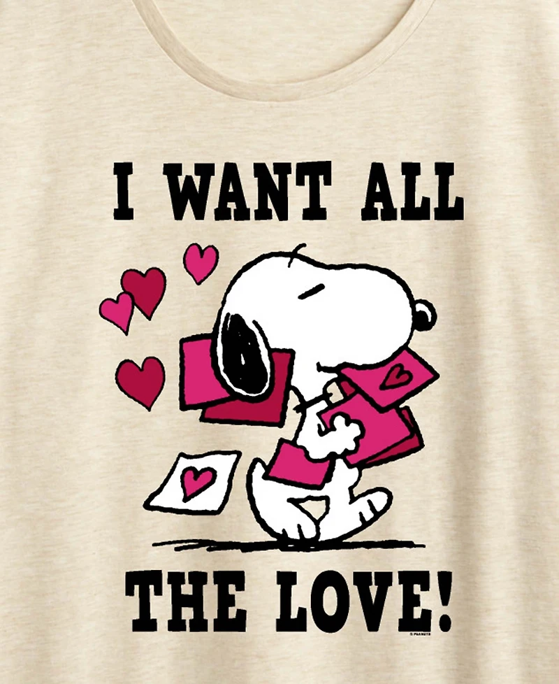 Hybrid Apparel Women's Peanuts Snoopy Valentine I Want All The Love Short Sleeve Graphic T-Shirt