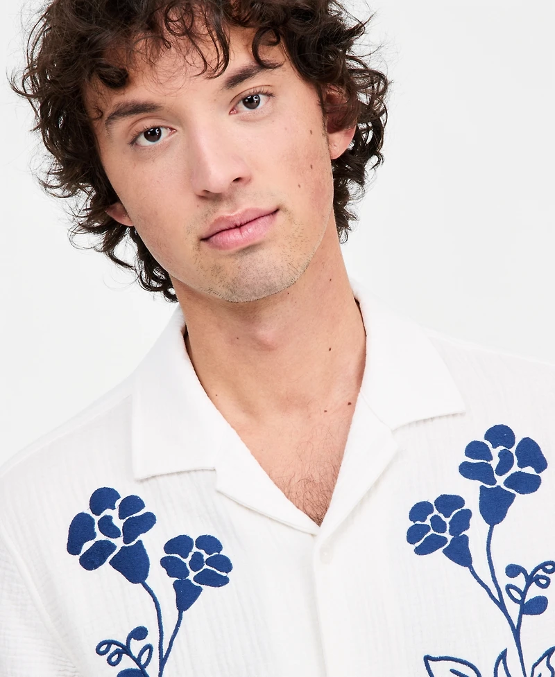 Sun + Stone Men's Floral Embroidered Cotton Camp Shirt, Macy's Exclusive