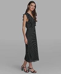 Karl Lagerfeld Paris Women's V-Neck Crinkle Chiffon Midi Dress