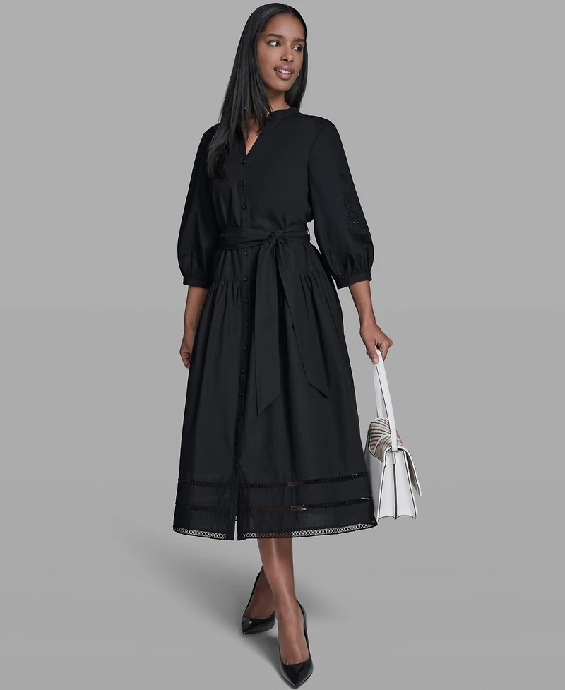 Karl Lagerfeld Paris Women's Poplin Eyelet Button Front Midi Dress