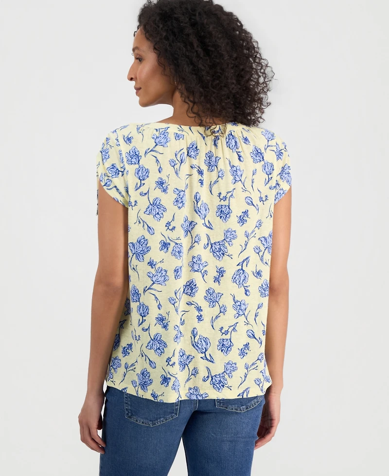 Style & Co Women's Floral-Print Boat-Neck Ruched-Sleeve Top, Macy's Exclusive
