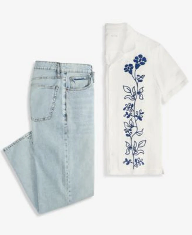 Sun Stone Mens Floral Embroidered Cotton Camp Shirt Wave Wash Baggy Jeans Macys Exclusive