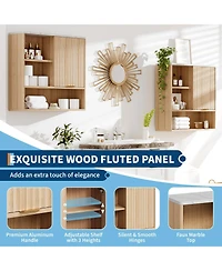 Homfan Fluted Bathroom Wall Cabinet with Faux Marble Top & Adjustable Shelf, Modern Medicine Cabinet with Sliding Door and Open Storage Space