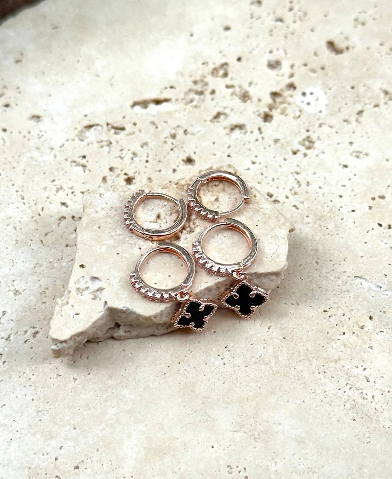 Adornia Rose Gold Cz Black Clover Huggie Set