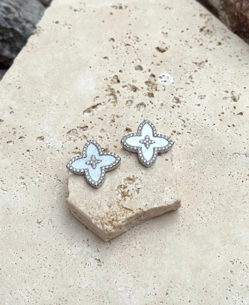 Adornia Silver Cz Mother of Pearl Statement Flower Stud Earrings