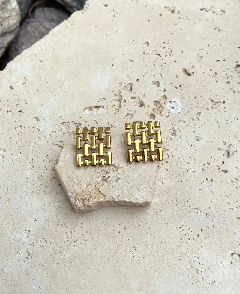 Adornia Tarnish Resistant Gold Grid Stud Earrings