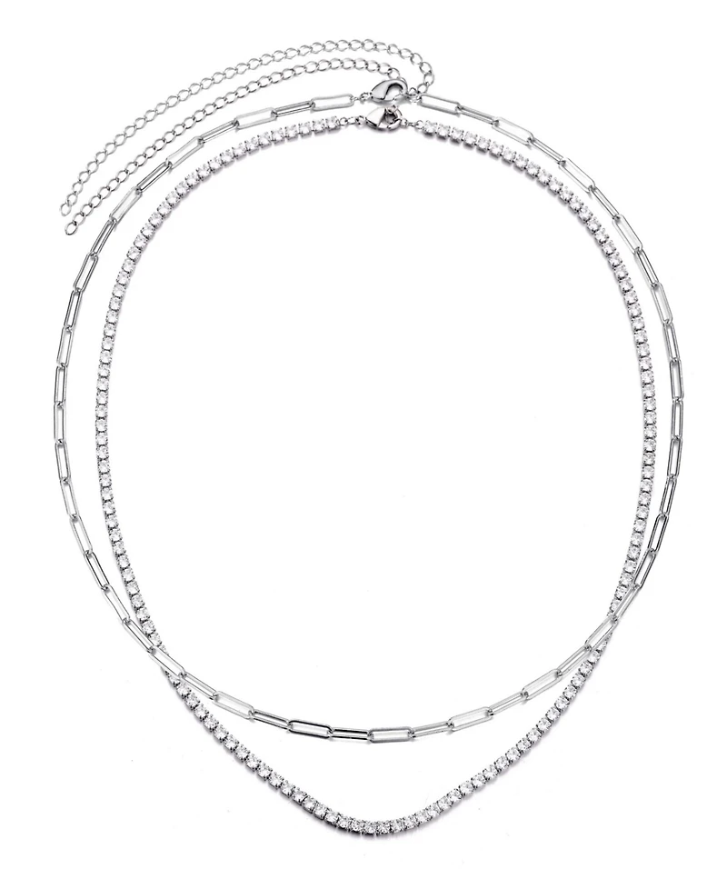 Adornia Silver Tennis and Paperclip Chain Necklace Set