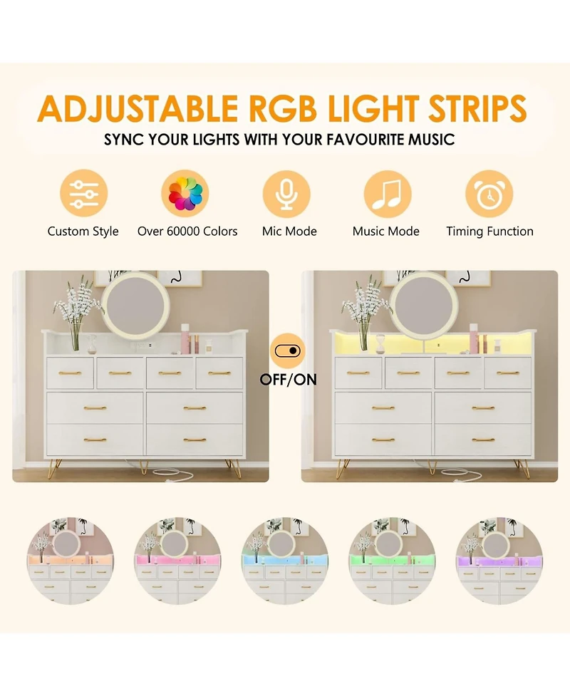 gaomon 8 Drawer Wood Dressers for Bedroom with Led Light and Power Outlet, Wooden Dressers with Open Shelves for Adult and Kids Bedroom