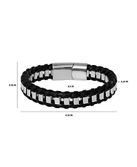 Lucky Brand Men s Woven Leather & Stainless Link Bracelet, Magnetic Clasp - 8.5''