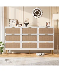 gaomon Rattan 9 Drawer Dressers for Bedroom, Tall Dresser with Deep Drawers, Large Chest of Drawers Closet Wide Top