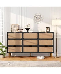 gaomon Rattan 9 Drawer Dressers for Bedroom, Tall Dresser with Deep Drawers, Large Chest of Drawers Closet Wide Top