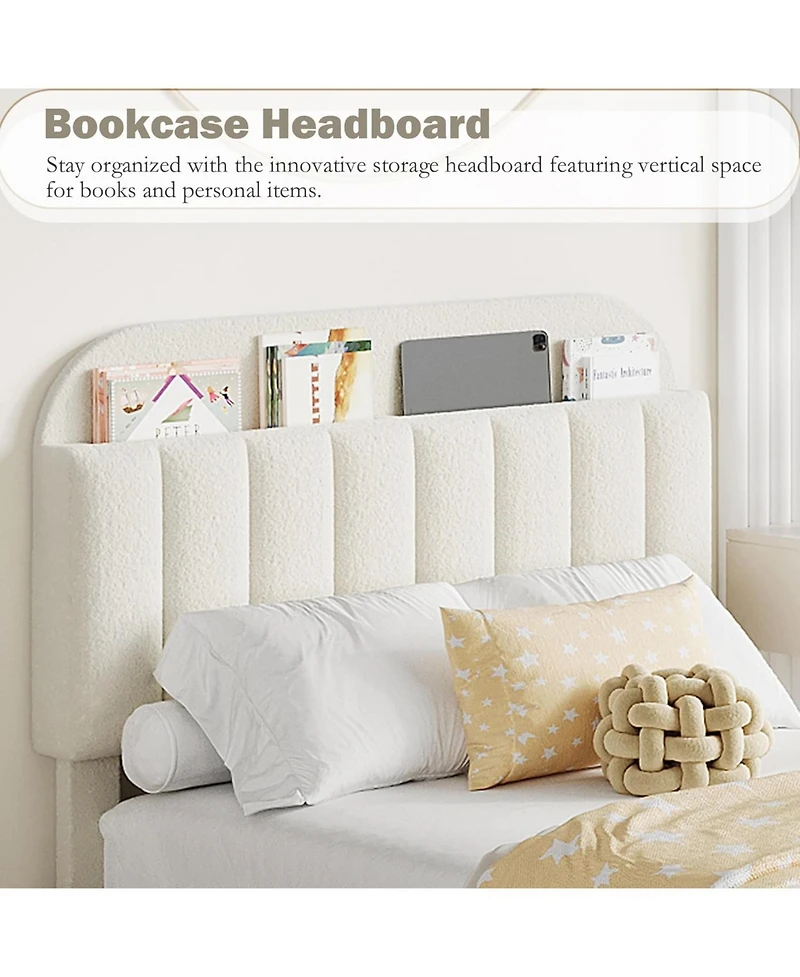 gaomon Full Bed Frame with Storage Headboard, Kids 2 Drawers, Boucle Upholstered Platform Bookcase, No Box Spring Needed, Easy