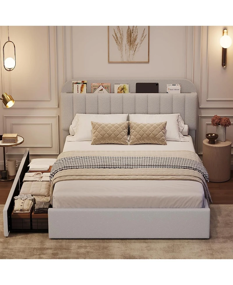 gaomon Full Bed Frame with Storage Headboard, Kids 2 Drawers, Boucle Upholstered Platform Bookcase, No Box Spring Needed, Easy