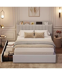 gaomon Queen Bed Frame with Storage Headboard, Girls 2 Drawers, Boucle Upholstered Platform Bookcase