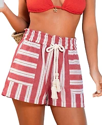 Cupshe Women's Breezy Striped Beach Shorts with Tassel Tie