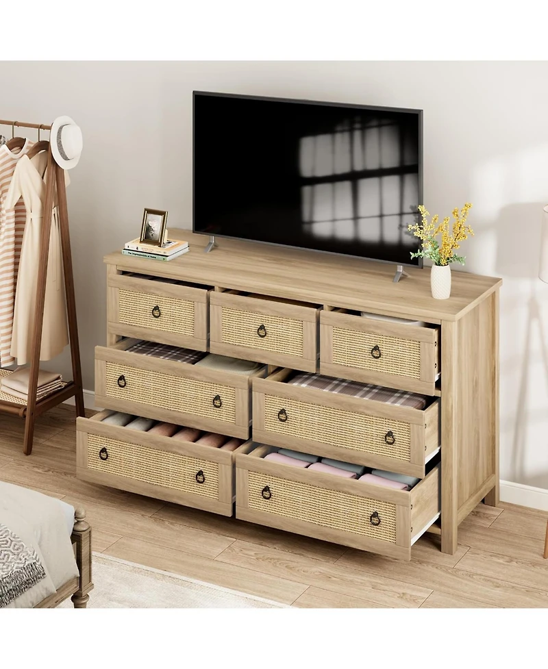 gaomon Rattan Dresser with 7 Drawers for Bedroom, Wide Wood Chest of Drawers, Large Clothes Storage Cabinet & Tv Stand for Nursery, Living Room