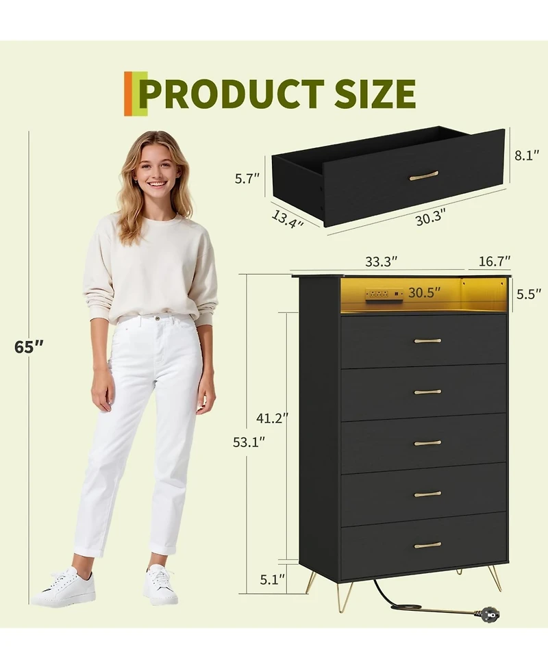 gaomon Modern 5-Drawer Tall Dresser for Bedroom, Wood Chest of Drawers with Silent Closing Slides