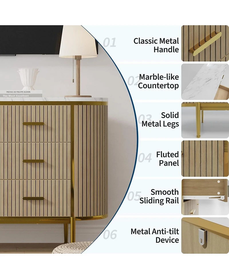 gaomon Fluted 6 Drawer Dresser for Bedroom, 59in Large Mid Century Modern Wooden Chest Dresser Tv Stand