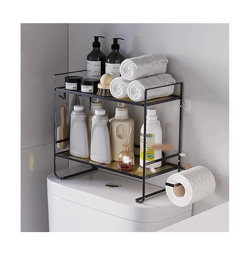 Homfan Over Toilet Storage Shelf, 2-Tier Bathroom Storage Organizer with 2 Hooks, Paper Holder, Metal Space Saving Multi-Purpose