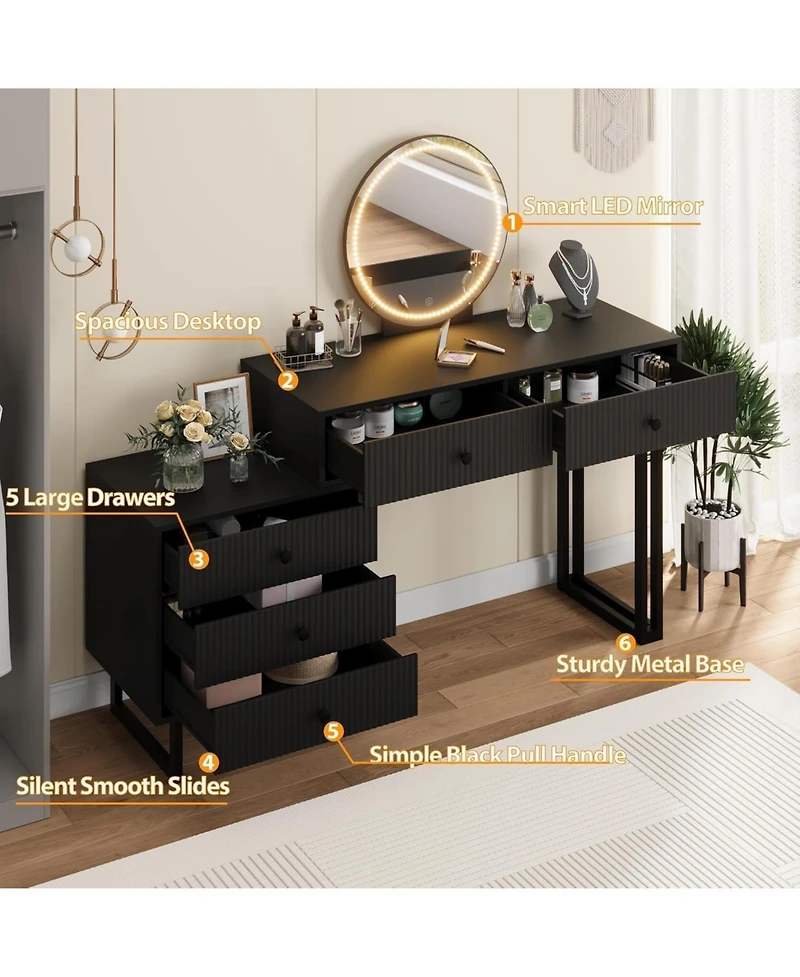 gaomon Vanity Desk with Mirror & 3-Color Led Lights, Modern Makeup Vanity with 5 Drawers